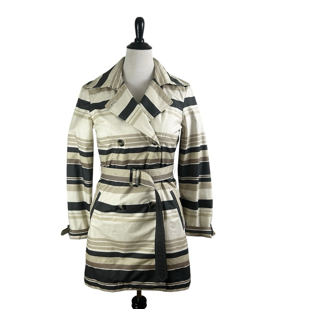 PERUVIAN CONNECTION Trench Rain Coat Jacket 8 WAXED Cotton Work Tailored Beige